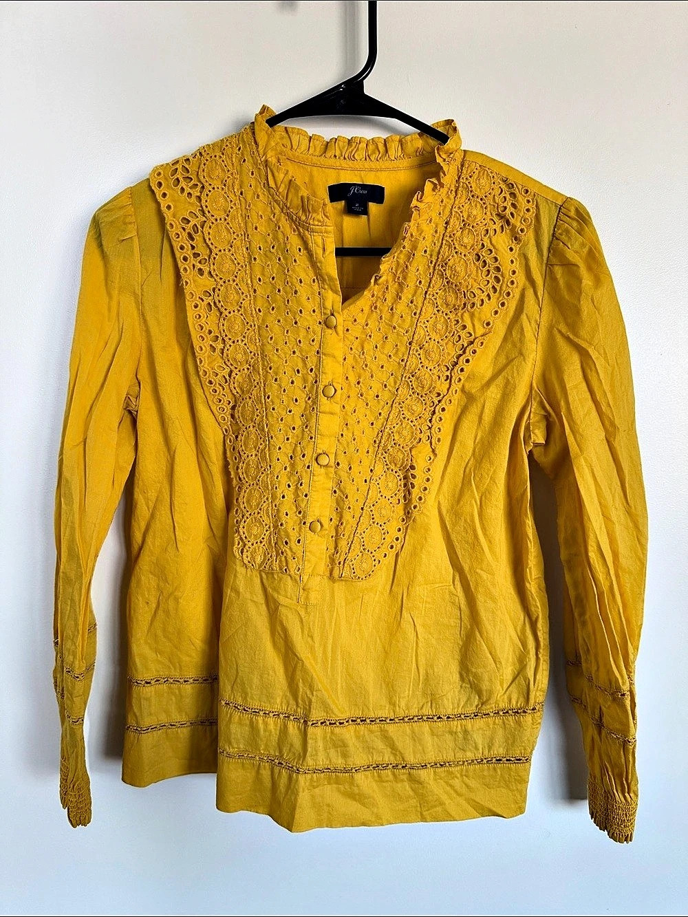 J.Crew Eyelet Ruffle-front Top Embroidered Blouse Yellow Medium